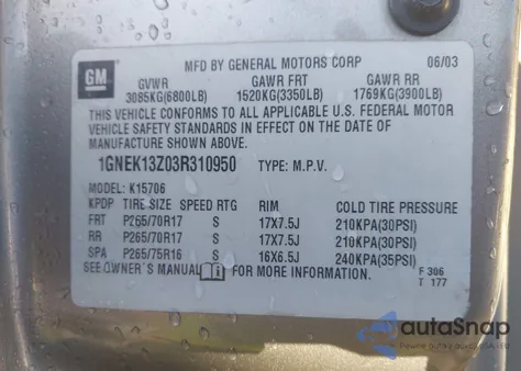 2003 Chevrolet Tahoe Z71 z USA, uszkodzony, nr VIN 1GNEK13Z03R310950